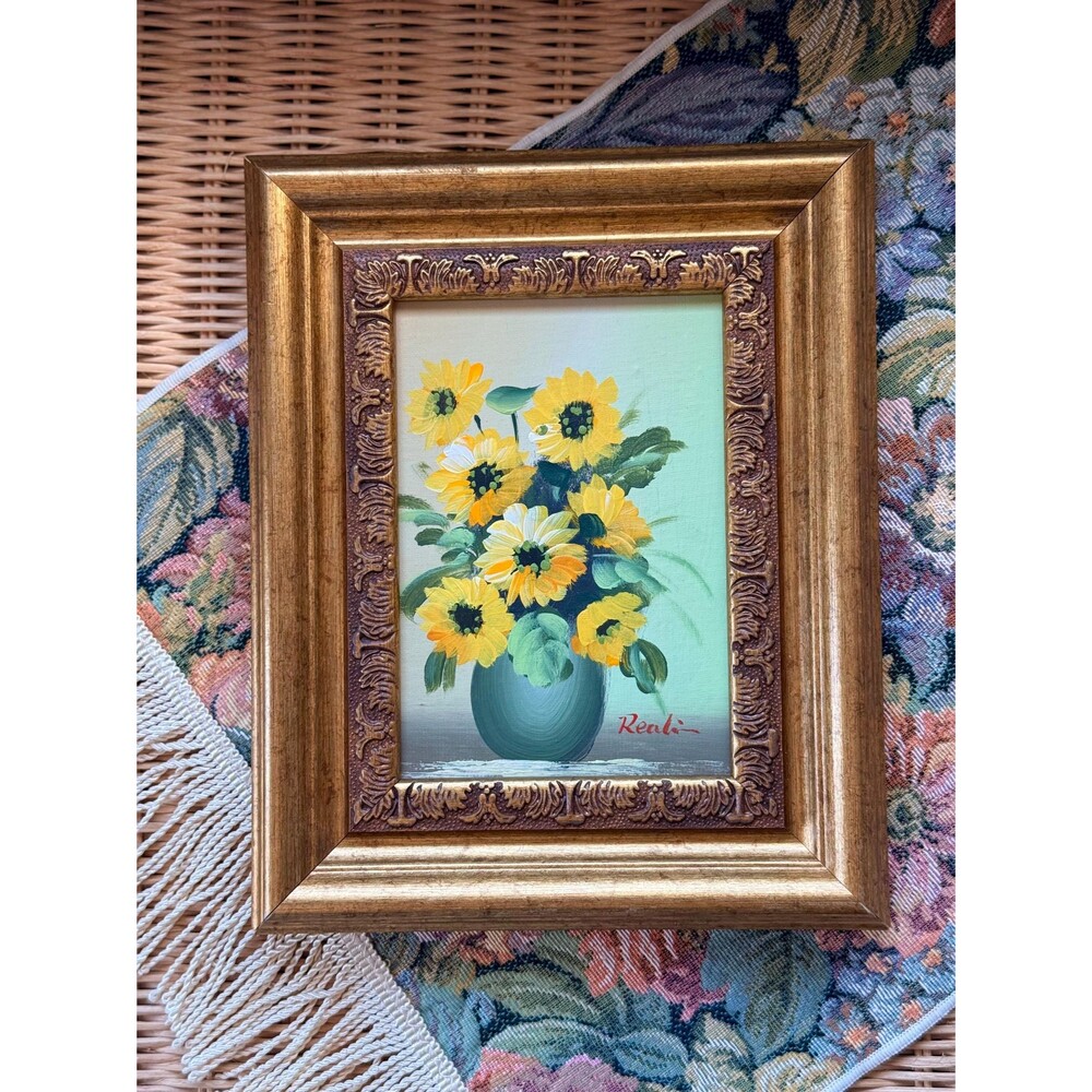 Vintage Framed Sunflower Still Life Painting | Signed Reproduction